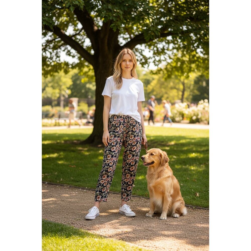 American Eagle Black and Pink Floral Print Pants Woman XS Cropped flowy Pockets